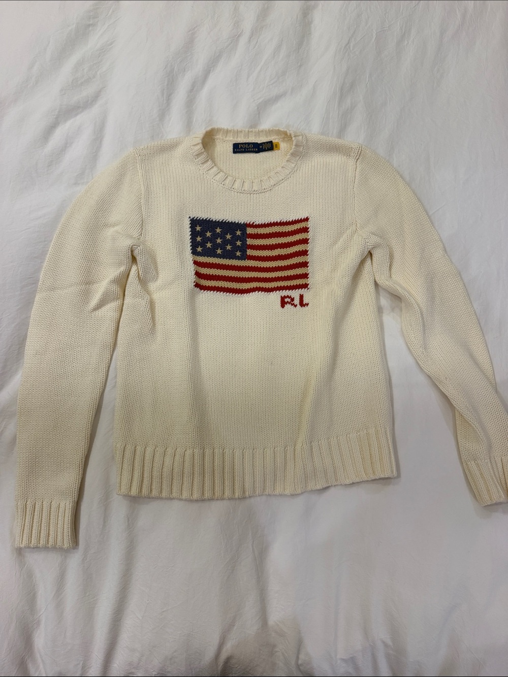 Polo by Ralph Lauren Cream Crewneck Sweater with Flag Motif